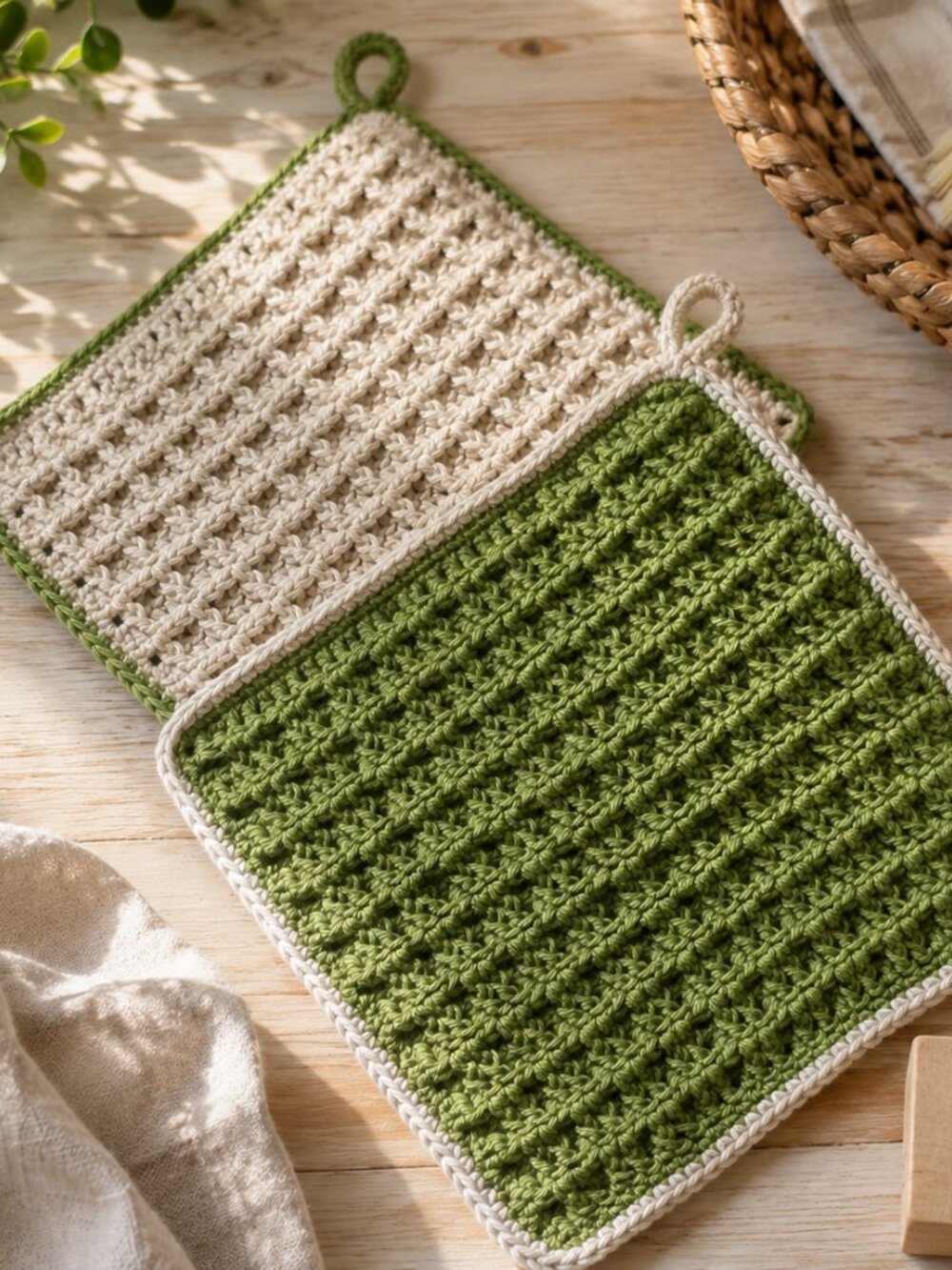 Handmade Crochet Dishcloth Set - Home Accents - Sage Green & Cream - 100% Cotton